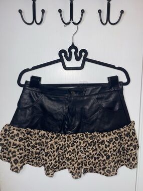 EUC Faux Leather Mini Skirt with Leopard Ruffle
